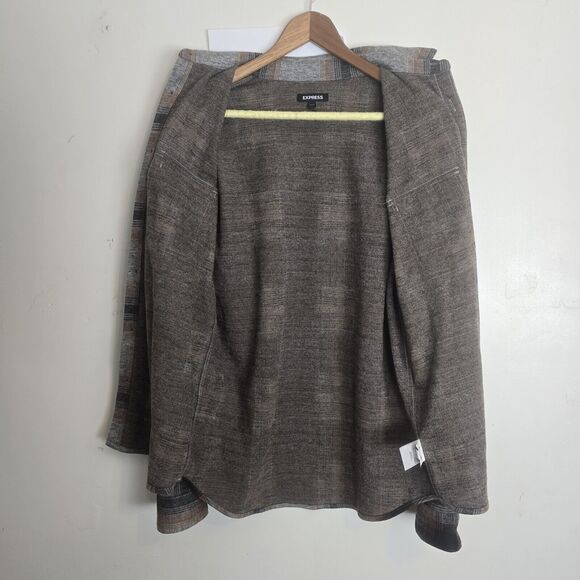 Express Shacket Men Small Shirt Jacket Button Up Plaid Gray Brown Lumberjack - Picture 5 of 9